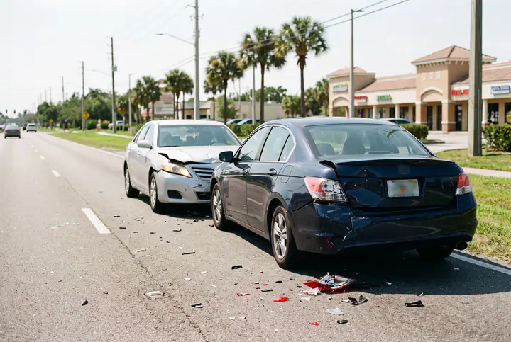Dark sedan with a crumpled rear bumper after a rear-end collision on a sunny Florida road