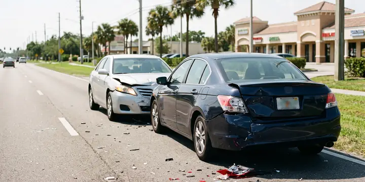 Dark sedan with a crumpled rear bumper after a rear-end collision on a sunny Florida road