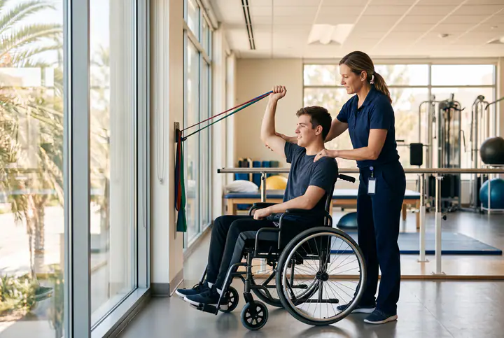 Young man in a wheelchair doing arm exercises with a physical therapist in a rehabilitation gym