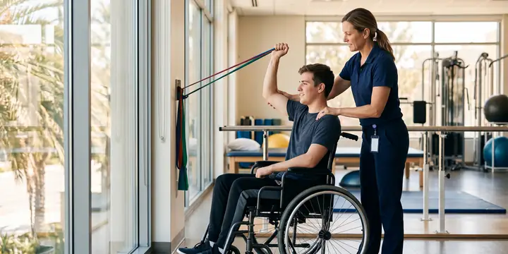 Young man in a wheelchair doing arm exercises with a physical therapist in a rehabilitation gym