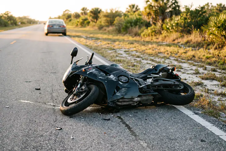 Black motorcycle lying on its side on the pavement after a crash on a Florida road