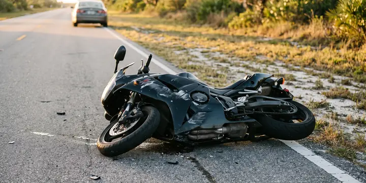 Black motorcycle lying on its side on the pavement after a crash on a Florida road