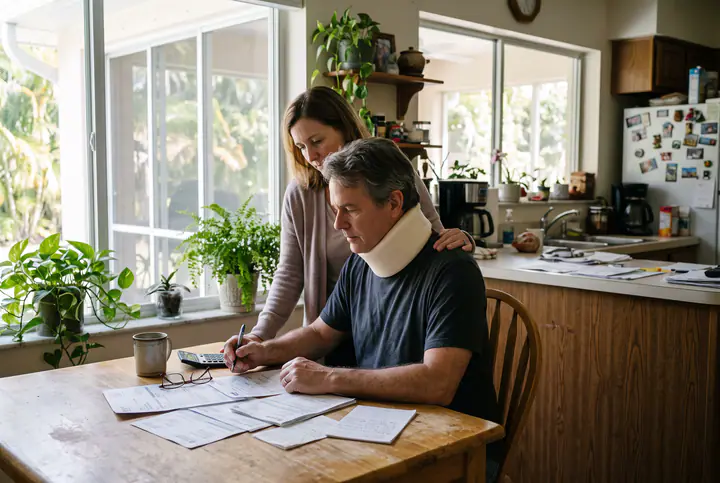 Injured man in a neck brace reviewing medical bills at his kitchen table while his wife rests a hand on his shoulder