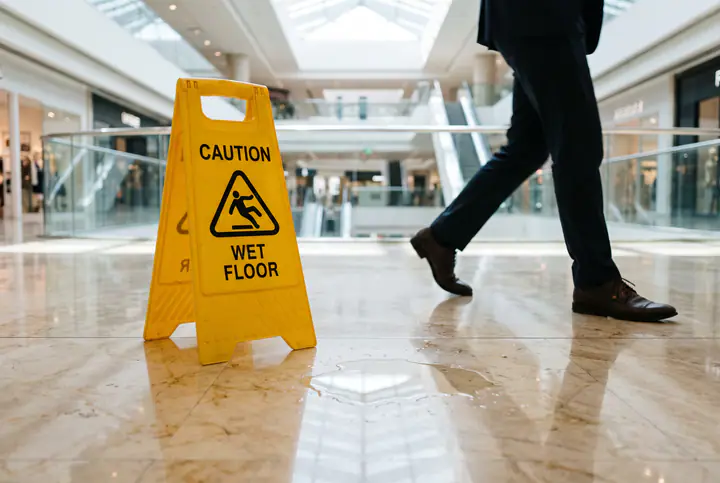 Yellow wet-floor caution sign beside a puddle on a polished store floor