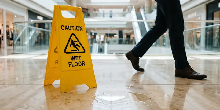 Yellow wet-floor caution sign beside a puddle on a polished store floor