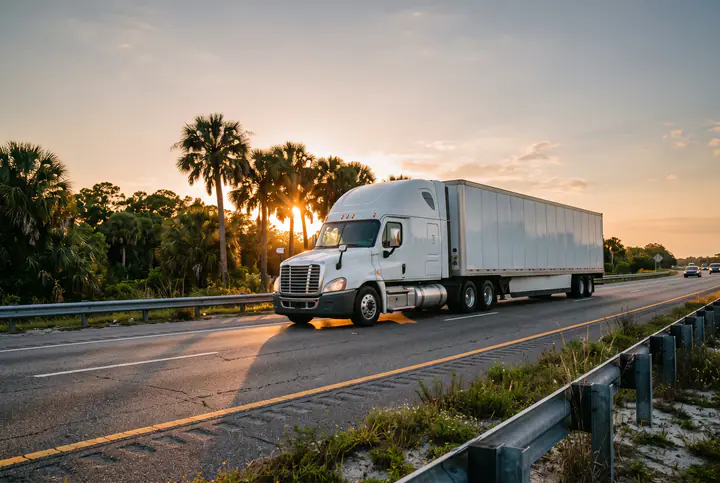 Semi-truck tractor-trailer traveling on a Florida interstate at golden hour