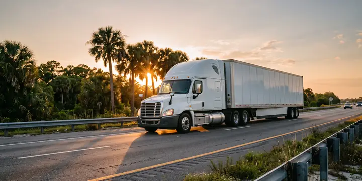 Semi-truck tractor-trailer traveling on a Florida interstate at golden hour